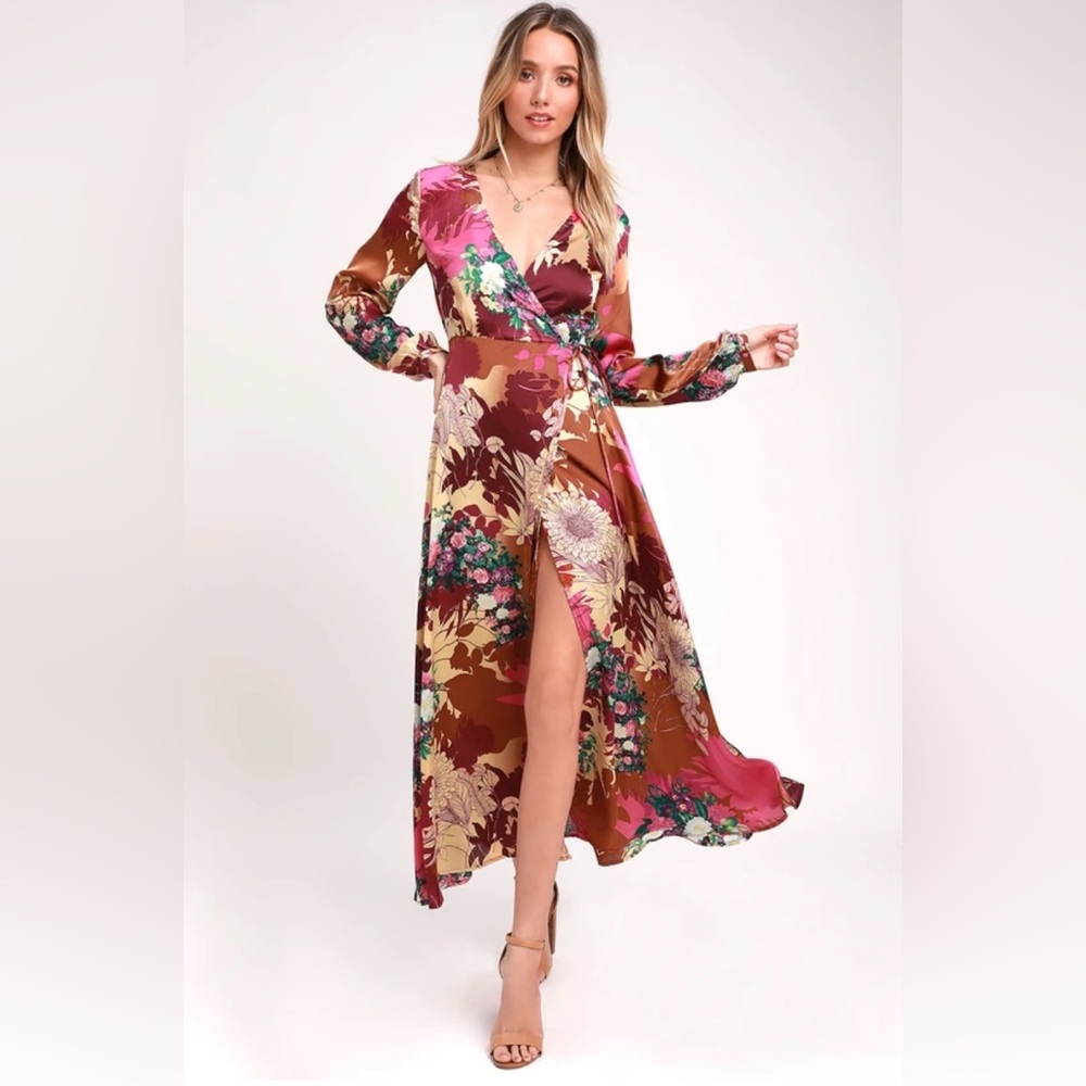 NWT Lulus Satin Wrap Maxi Dress | Burgundy Floral Print | Size XS